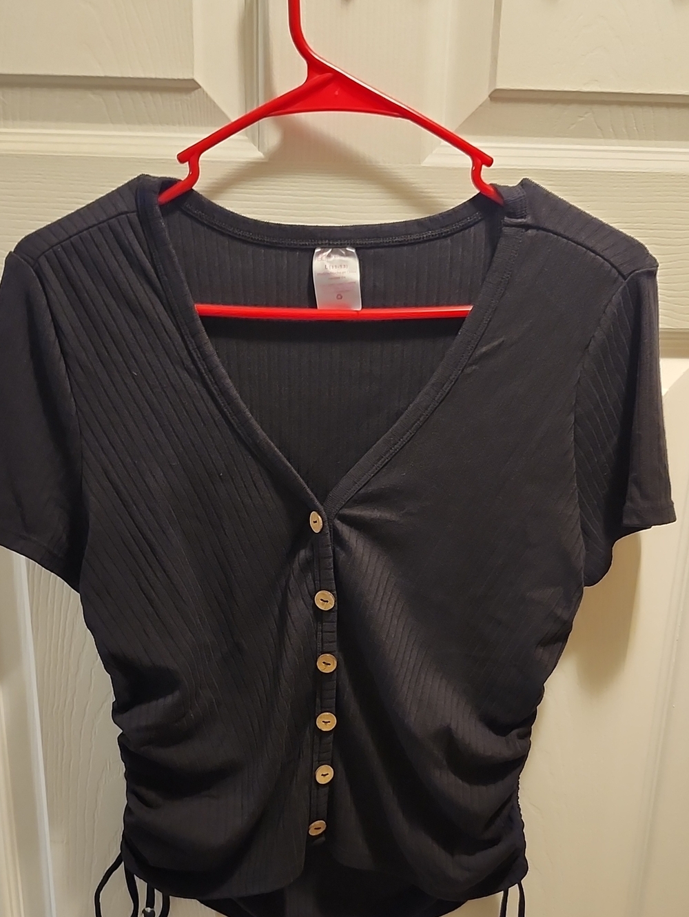 No Boundaries Black Ribbed Button-Front V-Neck Top
